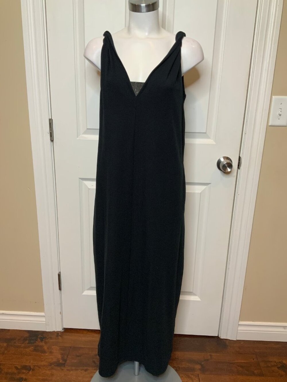 Brunello Cucinelli Black Bejeweled V-Neck Maxi Dress W/ Rolled Straps, Size XL